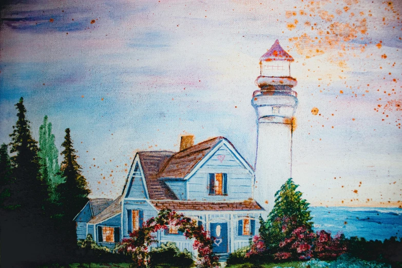 a painting of a house with a lighthouse in the background, inspired by Childe Hassam, pixabay contest winner, cottagecore!!, glittering light, watercolor on canvas, full - view