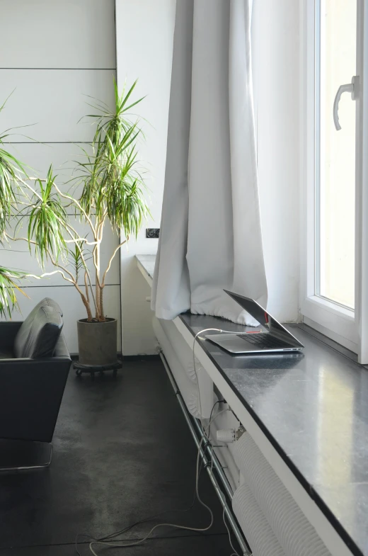 a living room filled with furniture next to a window, an album cover, unsplash, minimalism, air conditioner, black floor, slate, window sill with plants