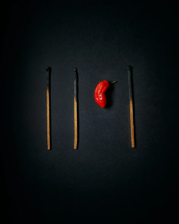 three matches and a strawberry on a black background, by Elsa Bleda, unsplash, 15081959 21121991 01012000 4k, portrait of tall, paprika, destruction