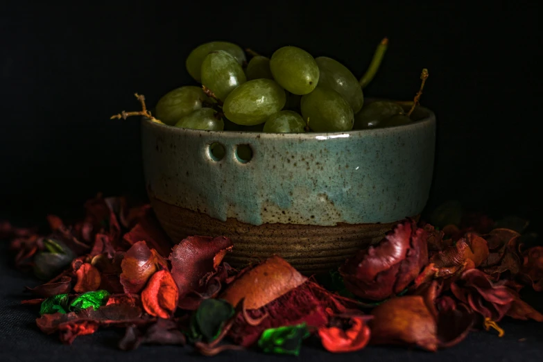 a close up of a bowl of grapes on a table, a still life, inspired by Elsa Bleda, unsplash contest winner, visual art, spooky autumnal colours, with celadon glaze, portrait image