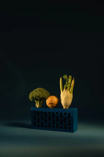 a bunch of vegetables sitting on top of a blue crate, a still life, by Adam Marczyński, but futuristic food, award winning studio photo, sculptural, portrait of small