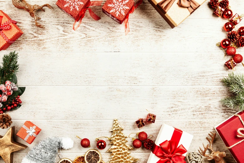 a wooden table topped with lots of presents, pexels contest winner, red adornments, background image, brown, square