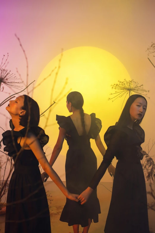 a group of women standing next to each other, an album cover, inspired by Ren Hang, unsplash, surrealism, backlight glow, 3 moons, asian sun, takato yomamoto. 4 k