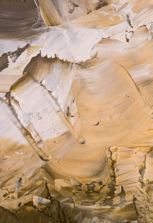 a man riding a surfboard on top of a sandy beach, an abstract painting, inspired by William Congdon, trending on unsplash, lyrical abstraction, sandstone, close-up from above, shiny layered geological strata, caramel