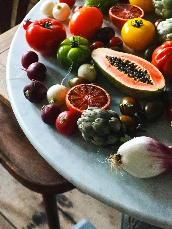 a table topped with lots of different types of fruits and vegetables, a still life, unsplash, multiple stories, pose 4 of 1 6, upclose, morning detail