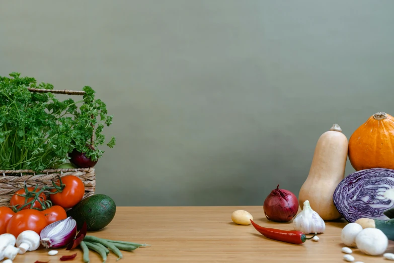 a basket of vegetables sitting on top of a wooden table, a still life, unsplash, background image, animation, wide shot photo