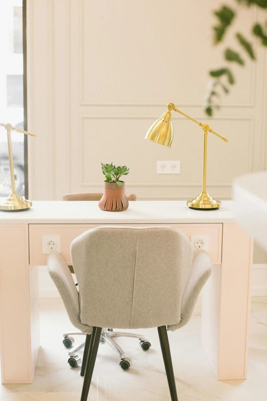 a desk with a potted plant on top of it, smooth gold skin, curated collections, colour corrected, sitting in chair