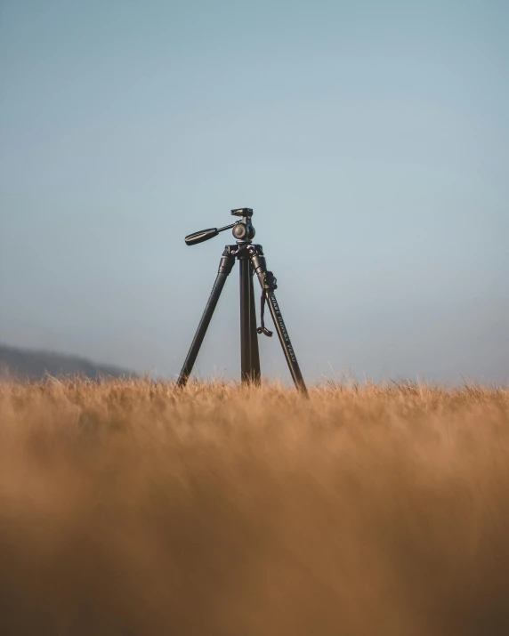 a tripod sitting in the middle of a field, by Jesper Knudsen, hasselblad quality, in a wheat field