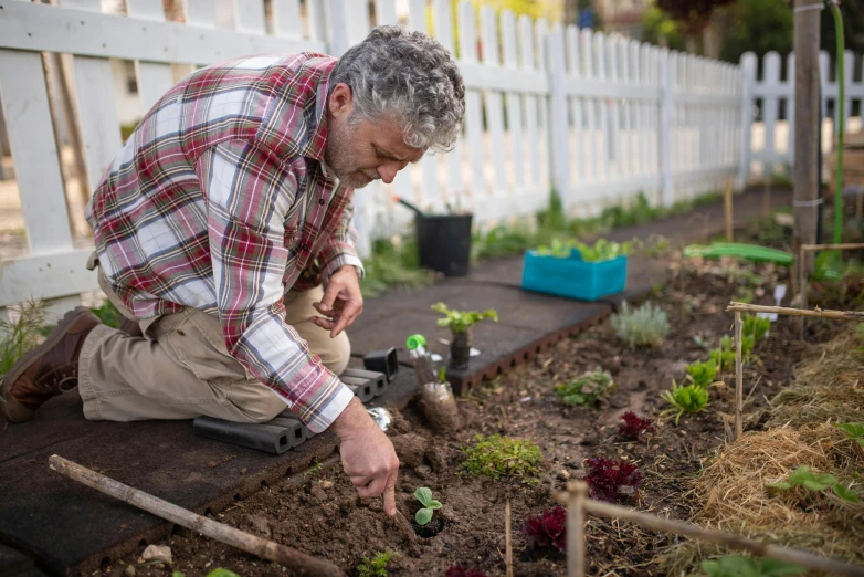 a man that is kneeling down in the dirt, gardens with flower beds, biodiversity all round, profile image, maintenance photo