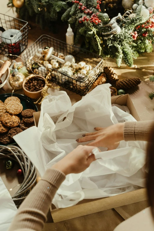 a woman sitting at a table in front of a christmas tree, packaging, organic and intricate, creating a soft, throw