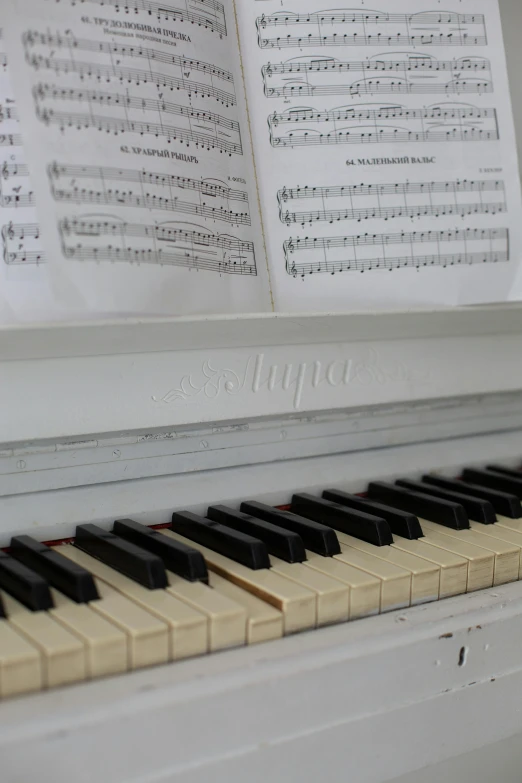 a piano with sheet music sitting on top of it, happening, soft white rubber, studio mappa, caparisons, in detail