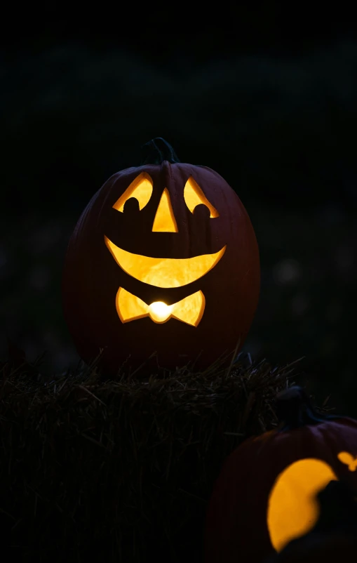 a couple of carved pumpkins sitting on top of a pile of hay, by David Donaldson, pexels, face illuminated, light smiling, high quality photo, fancy dress