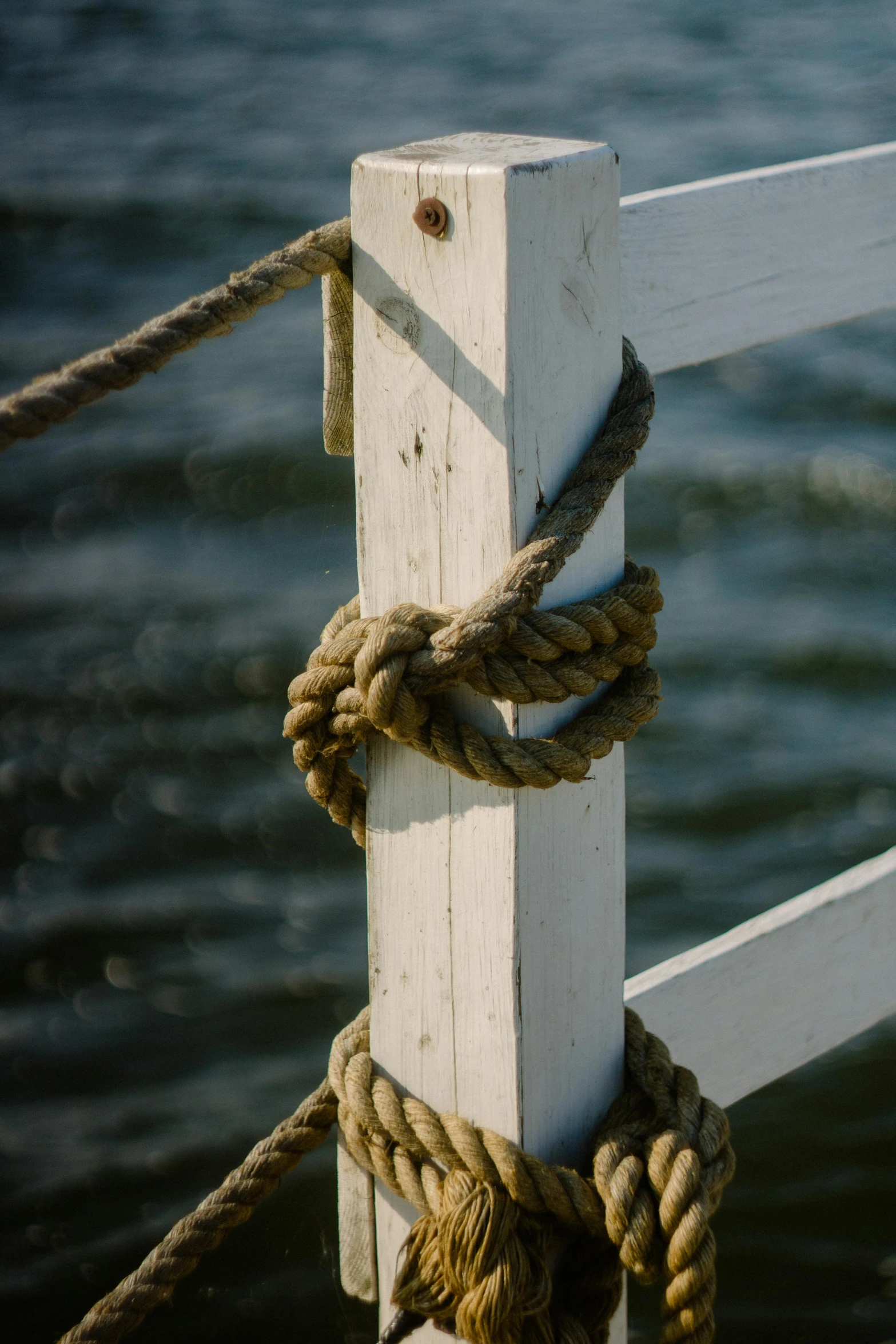 a close up of a rope on a wooden post, unsplash, bridge over the water, white mechanical details, paul barson, charts