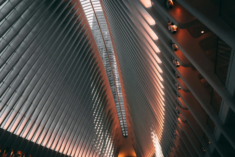 a group of people standing inside of a building, an album cover, inspired by Zaha Hadid, pexels contest winner, light and space, modern new york, calatrava, architecture carved for a titan, lights inside