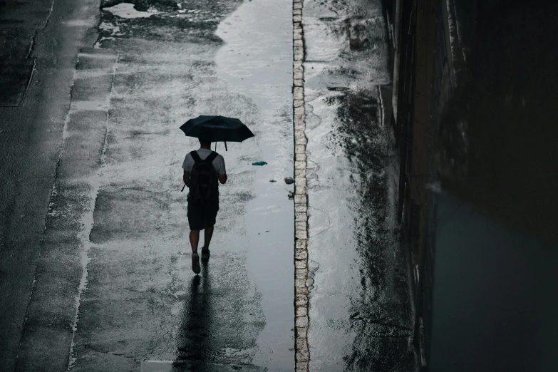 a person walking in the rain with an umbrella, unsplash photography, multiple stories, wet asphalt, rectangle