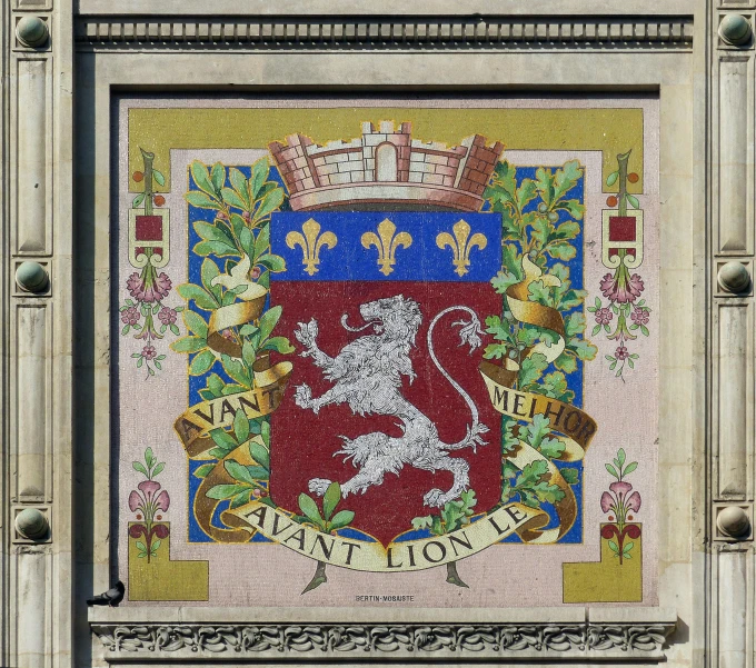 a painting of a lion on the side of a building, an album cover, inspired by Villard de Honnecourt, tiled, heraldry, bureau of engraving and printing, saint