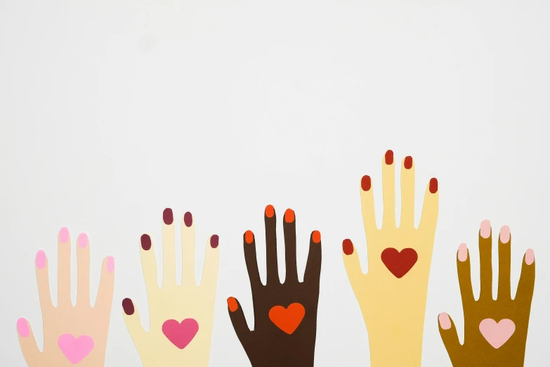 a group of hands with hearts painted on them, a cartoon, by Arabella Rankin, trending on pexels, skin tones, background image, rendering of beauty pageant, set against a white background