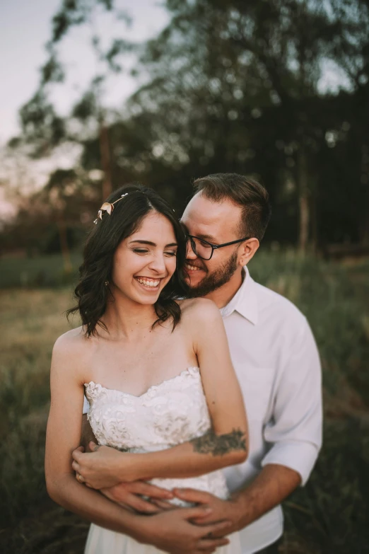 a man and woman standing next to each other in a field, a picture, pexels contest winner, laughing groom, alanis guillen, headshot profile picture, instagram post