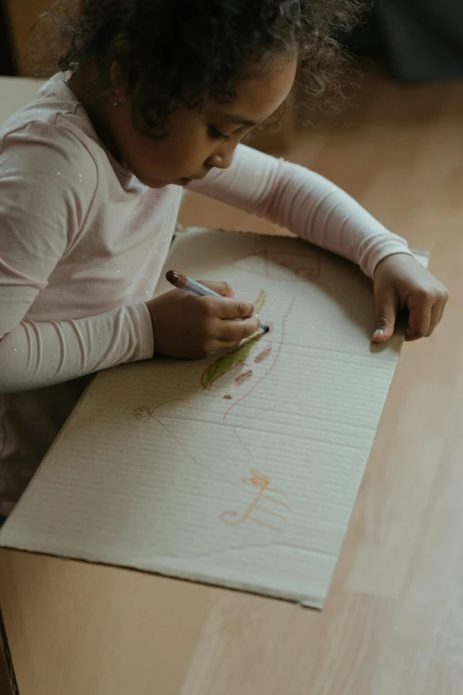 a little girl sitting at a table writing on a piece of paper, a child's drawing, by Arabella Rankin, pexels contest winner, leaves and simple cloth, sitting on the floor, indigenous art, textured canvas