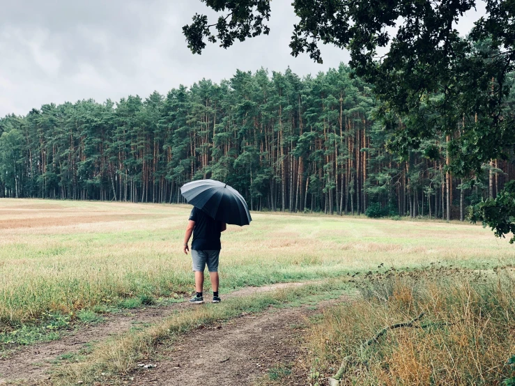 a man walking down a dirt road holding an umbrella, by Emma Andijewska, unsplash, land art, in front of a forest background, lower saxony, standing alone in grassy field, forest picnic