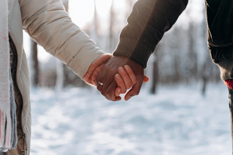 a man and a woman holding hands in the snow, pexels, gradient brown to white, varying ethnicities, realistic »