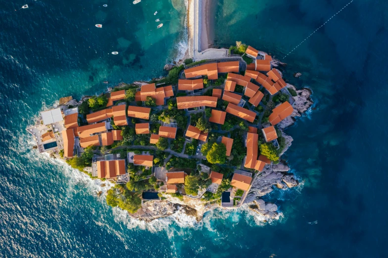 a small island in the middle of the ocean, by Matija Jama, pexels contest winner, renaissance, orange roof, neighborhood, slim aarons, thumbnail