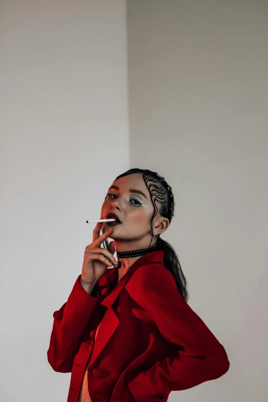 a woman in a red coat smoking a cigarette, inspired by Elsa Bleda, pexels contest winner, surrealism, isabela moner, girl with plaits, in style of terry richardson, girl in a suit