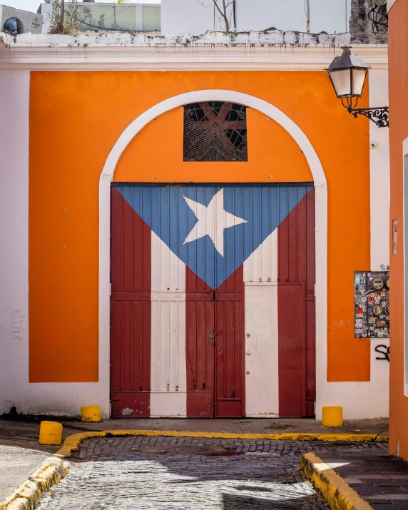 a flag painted on the side of a building, a photo, by Robbie Trevino, trending on unsplash, puerto rico, symmetrical doorway, 🚿🗝📝