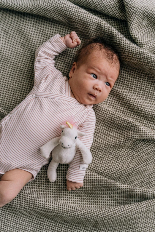 a baby laying on a blanket with a stuffed animal, unsplash, happening, pony, stripes, holding a rabbit, environmental shot