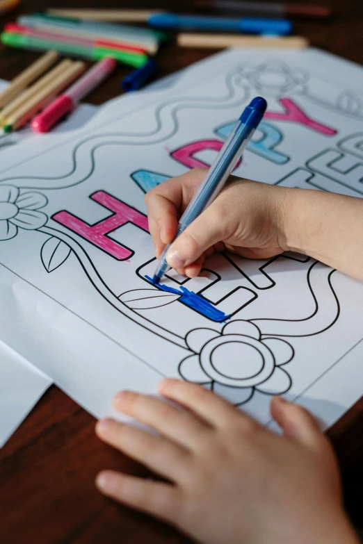 a child is drawing on a piece of paper, colouring page, '2d graphic design, hidden message, happy color