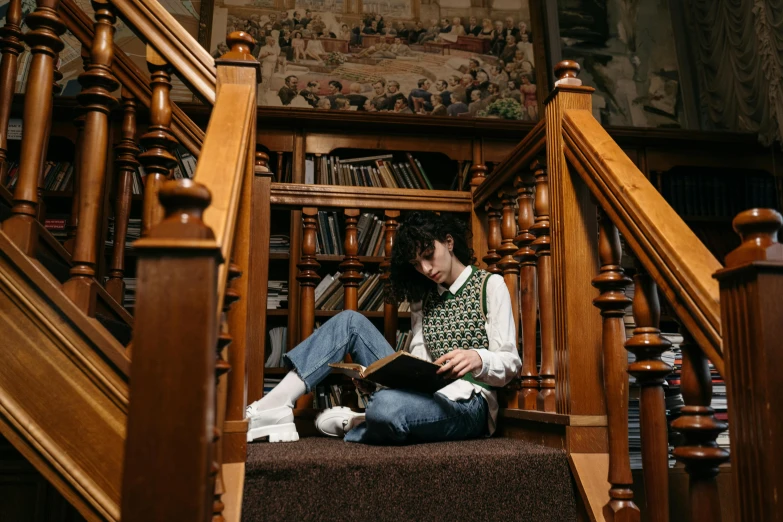 a woman sitting on the stairs reading a book, inspired by William Mustart Lockhart, pexels, arts and crafts movement, finn wolfhard, books cave, a wooden, cai xukun