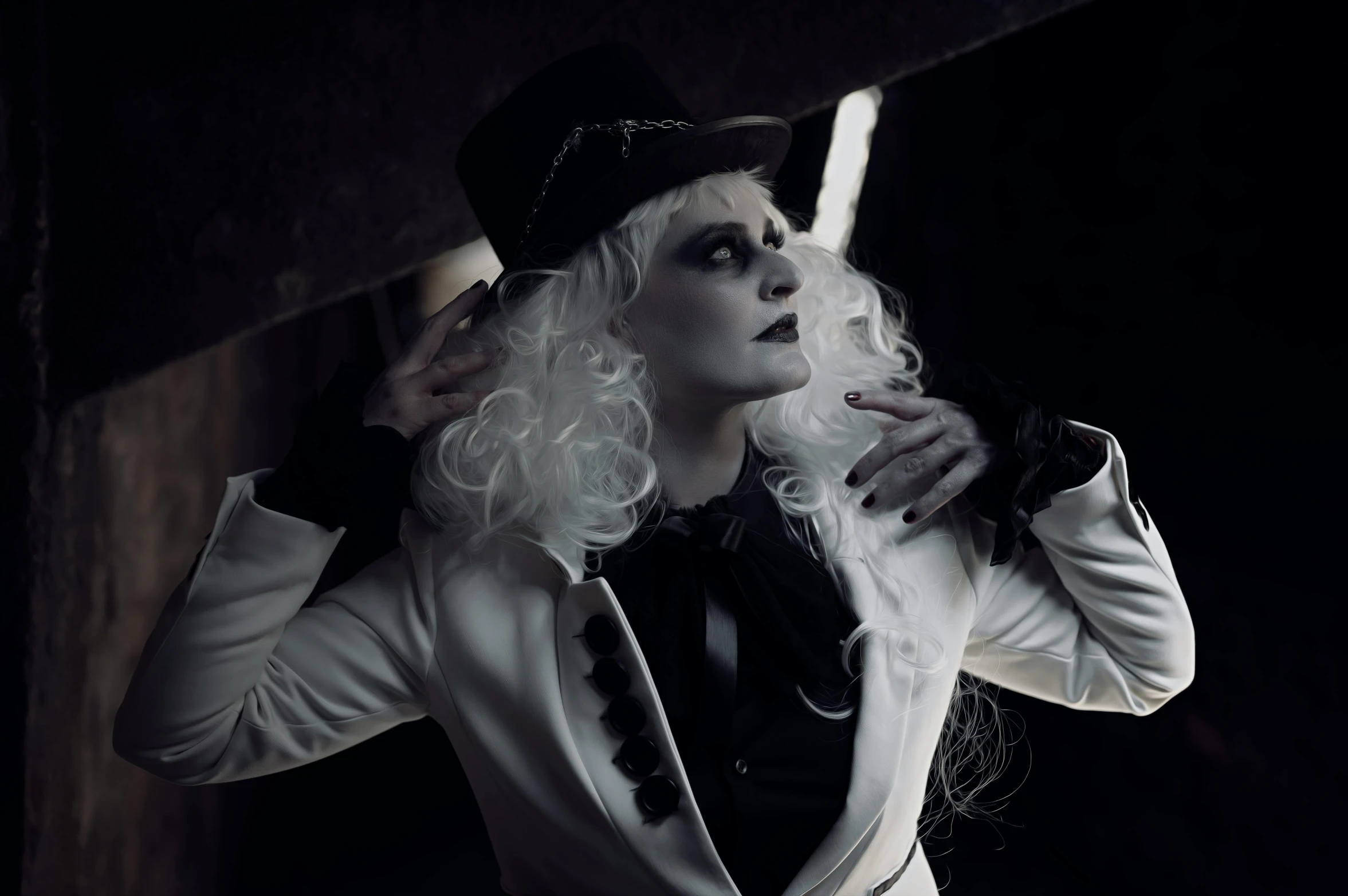 a woman dressed in a black and white outfit, by Emma Andijewska, aestheticism, androgynous vampire, white suit and hat, alucard, drag