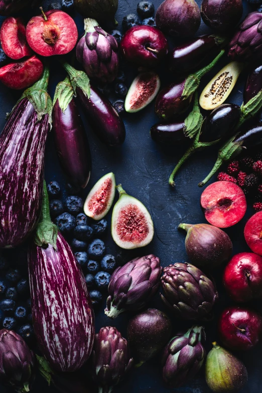 various fruits and vegetables arranged in a circle, a still life, trending on unsplash, dark purple, made of glazed, indigo and venetian red, ratatouille style