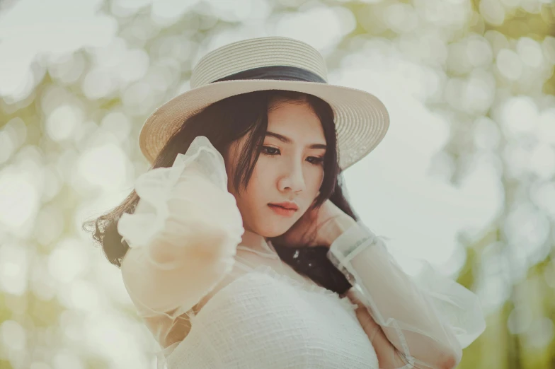 a close up of a person wearing a hat, inspired by Huang Ji, pexels contest winner, aestheticism, wearing a cute white dress, avatar image, white sleeves, waist up portrait