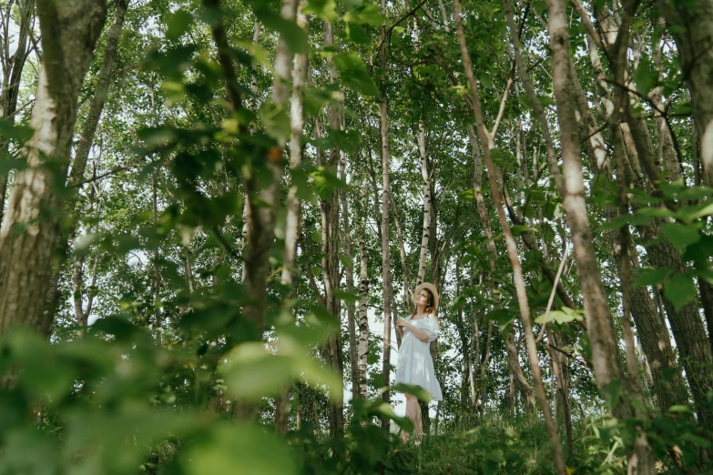 a woman standing in the middle of a forest, unsplash, happening, sea - green and white clothes, in a tree, midsummer, aleksander rostov