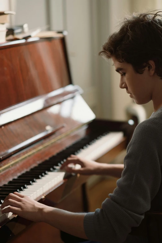 a young man playing a piano in a living room, by Daniel Seghers, pexels contest winner, fine art, promo image, timothee chalamet, profile pic, woman