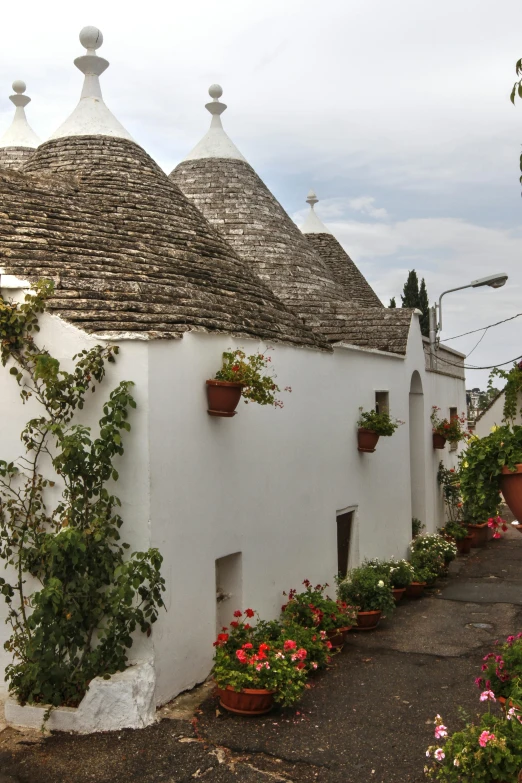 a narrow street lined with potted plants, inspired by Niccolò dell' Abbate, renaissance, trulli, rounded roof, white building, view from across the street