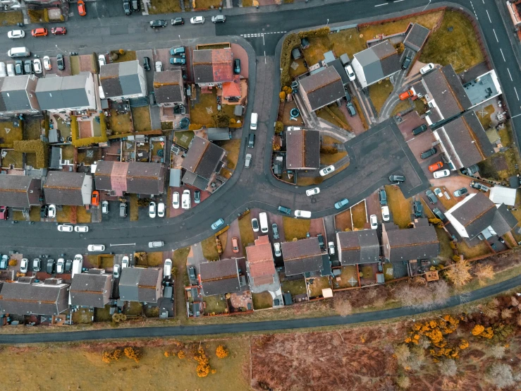 a bird's eye view of a residential area, inspired by Thomas Struth, pexels contest winner, photorealism, in scotland, driveway, high detail 4 k, high resolution