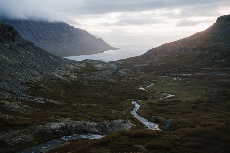 a river running through a valley next to a mountain, by Hallsteinn Sigurðsson, unsplash contest winner, hurufiyya, view of the ocean, alessio albi, grey, brown