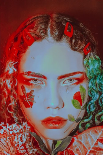 a woman with leaves painted on her face, an album cover, inspired by Elsa Bleda, trending on pexels, soft devil queen madison beer, ((red)) baggy eyes, white curly hair, red green
