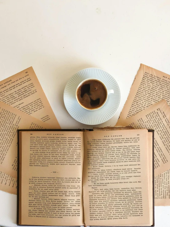 an open book sitting on top of a table next to a cup of coffee, by Carey Morris, trending on unsplash, early 1900s newspaper, promo image, set against a white background, multiple stories