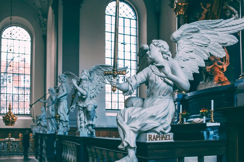 a statue of an angel blowing a trumpet in a church, a statue, pexels contest winner, satanic church interior, [sculpture] and [hyperrealism], grey, 2 angels