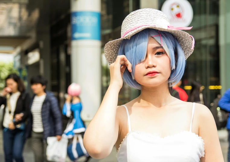 a woman with blue hair wearing a hat, inspired by Eiichiro Oda, unsplash, akihabara, avatar image, sakimichan, hot day