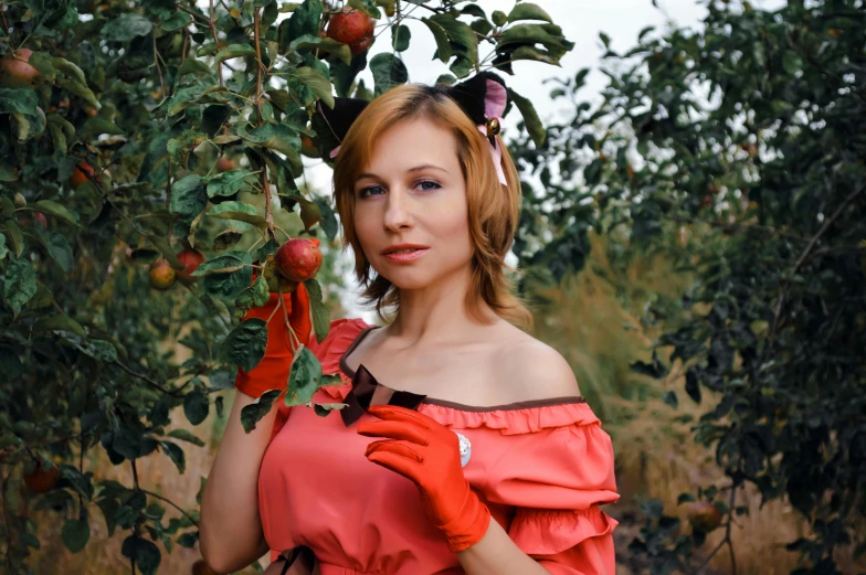 a woman in a red dress holding an apple, a portrait, tumblr, cosplay photo, gardening, 15081959 21121991 01012000 4k, 1 9 5 0 s style