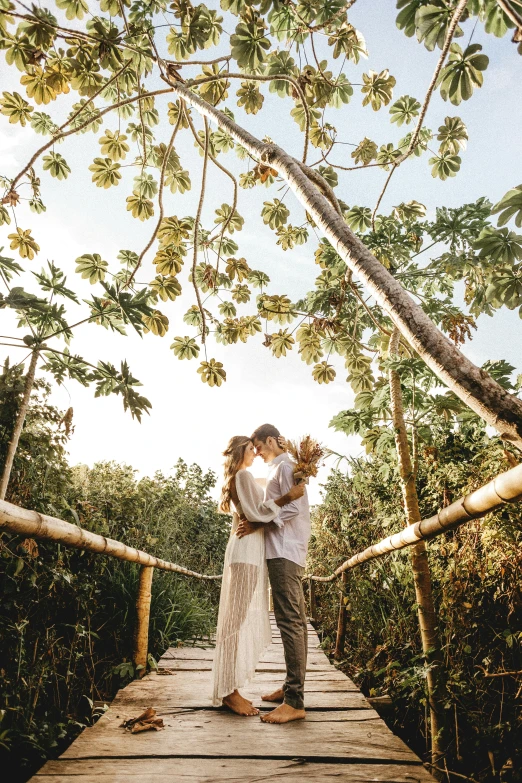 a man and woman standing on a wooden bridge, a picture, unsplash, renaissance, lush exotic vegetation, rooftop romantic, white bg, philippines