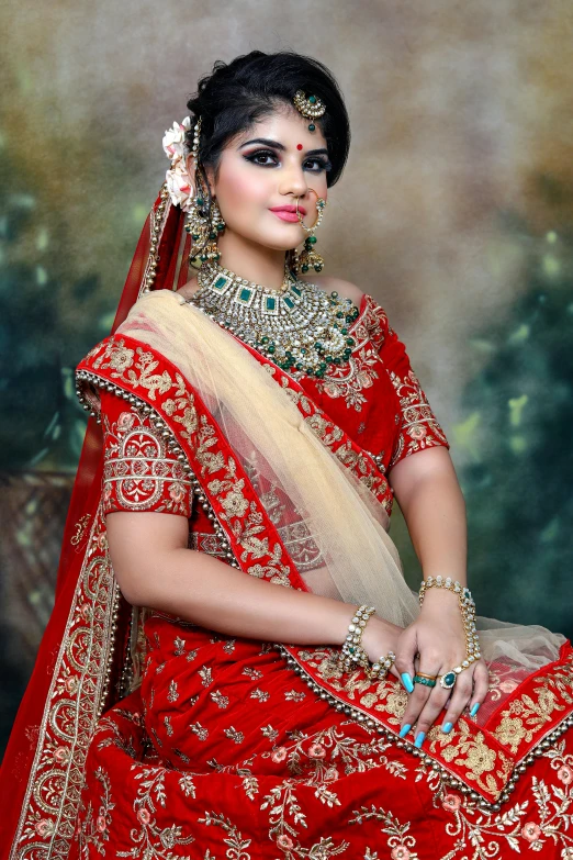 a woman in a red and gold sari, a portrait, pixabay, advertising photo, luxurious wedding, thumbnail, high quality upload