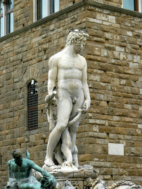 a statue of a man standing in front of a building, very buff, david a, an exhausted deity, fishing