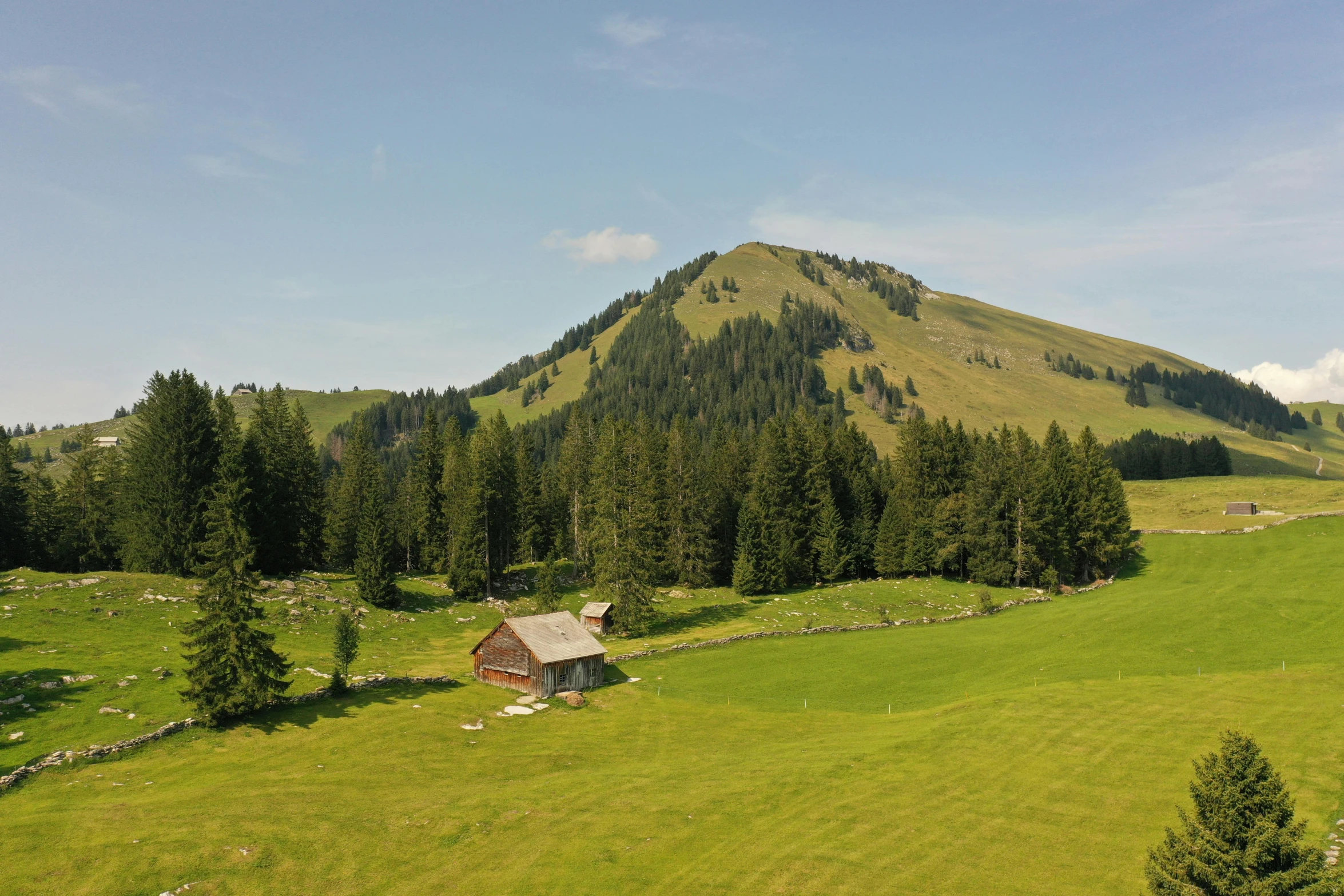a green field with a mountain in the background, by Werner Andermatt, pexels contest winner, les nabis, wood cabin in distance, aerial footage, black fir, slide show