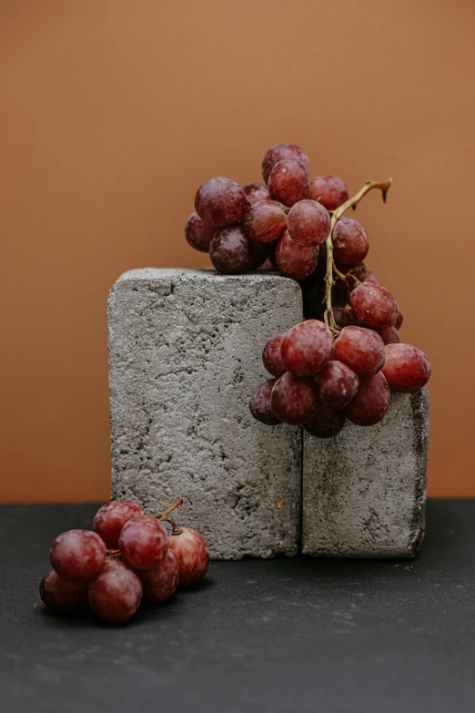 a bunch of grapes sitting on top of a block of cement, product image, full product shot, maroon, organic shape