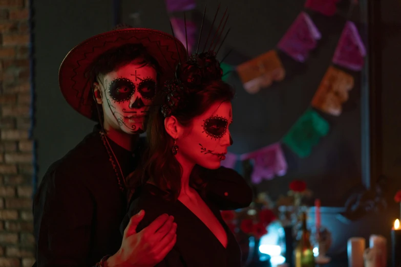 a man and a woman in day of the dead costumes, pexels, vantablack, portrait image, netflix, holiday